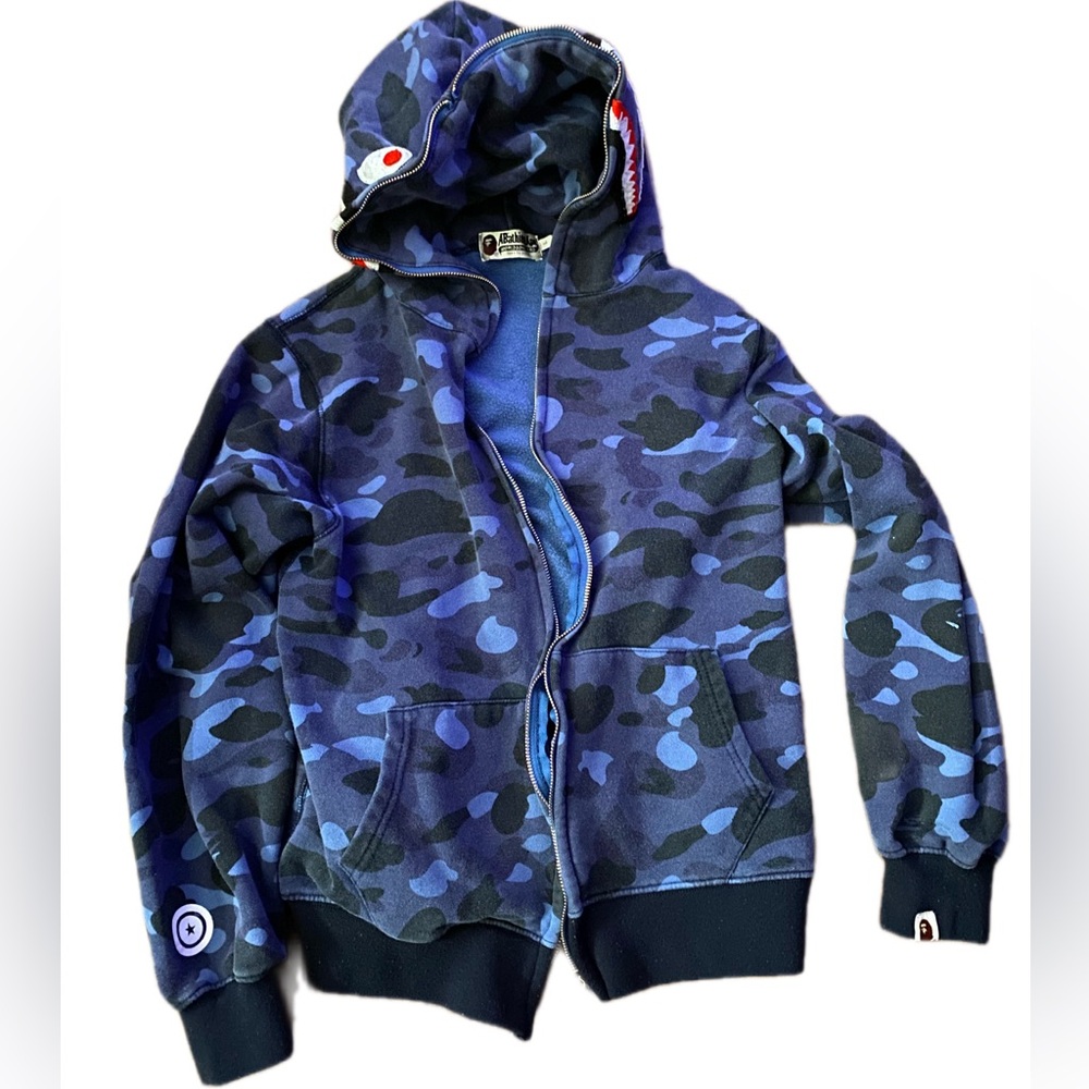 Bape Men's Blue Camo Zip Up Sweater